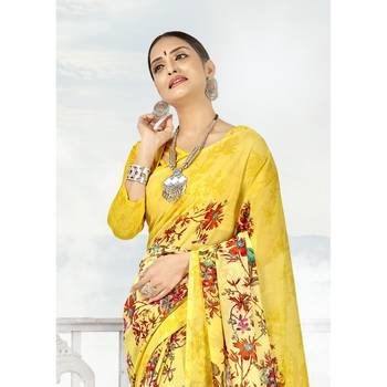 Yellow printed georgette saree with blouse 2