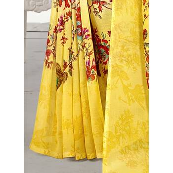 Yellow printed georgette saree with blouse 3