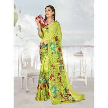 Green printed georgette saree with blouse 1