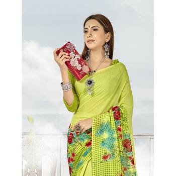 Green printed georgette saree with blouse 2