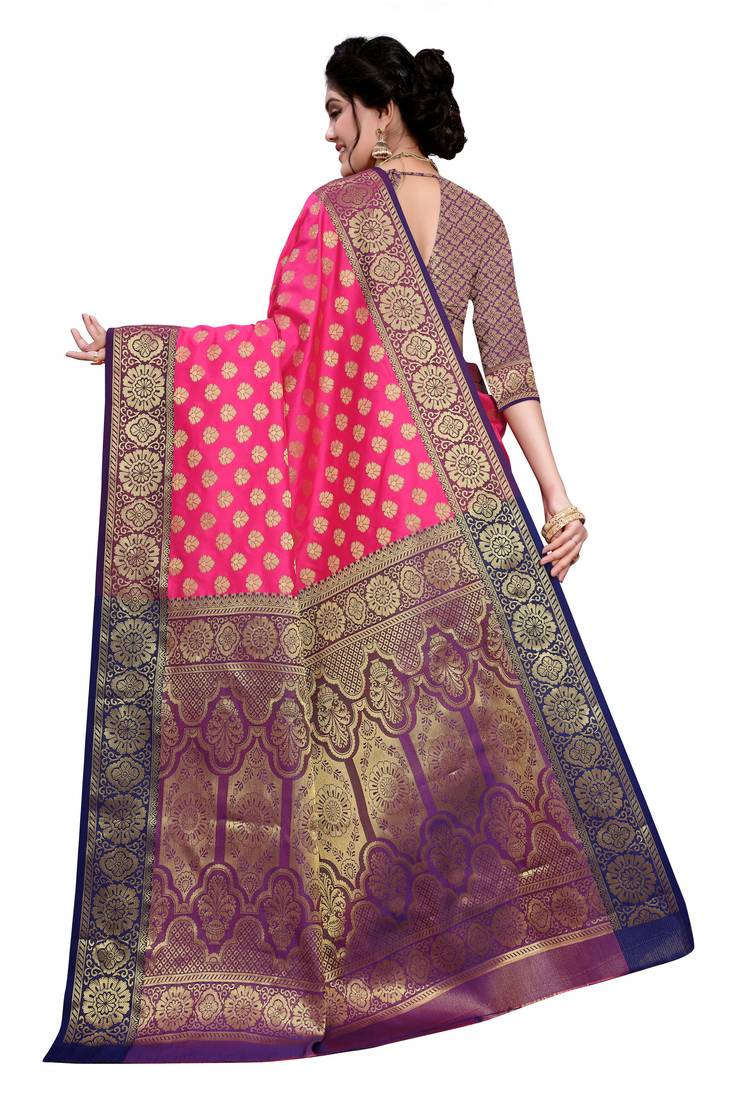  Womens Designer Pink  Banarasi  Saree With Designer Blouse