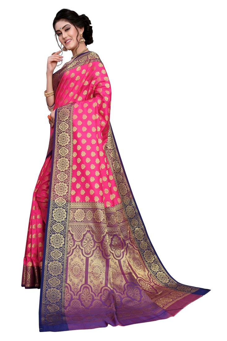  Womens Designer Pink  Banarasi  Saree With Designer Blouse