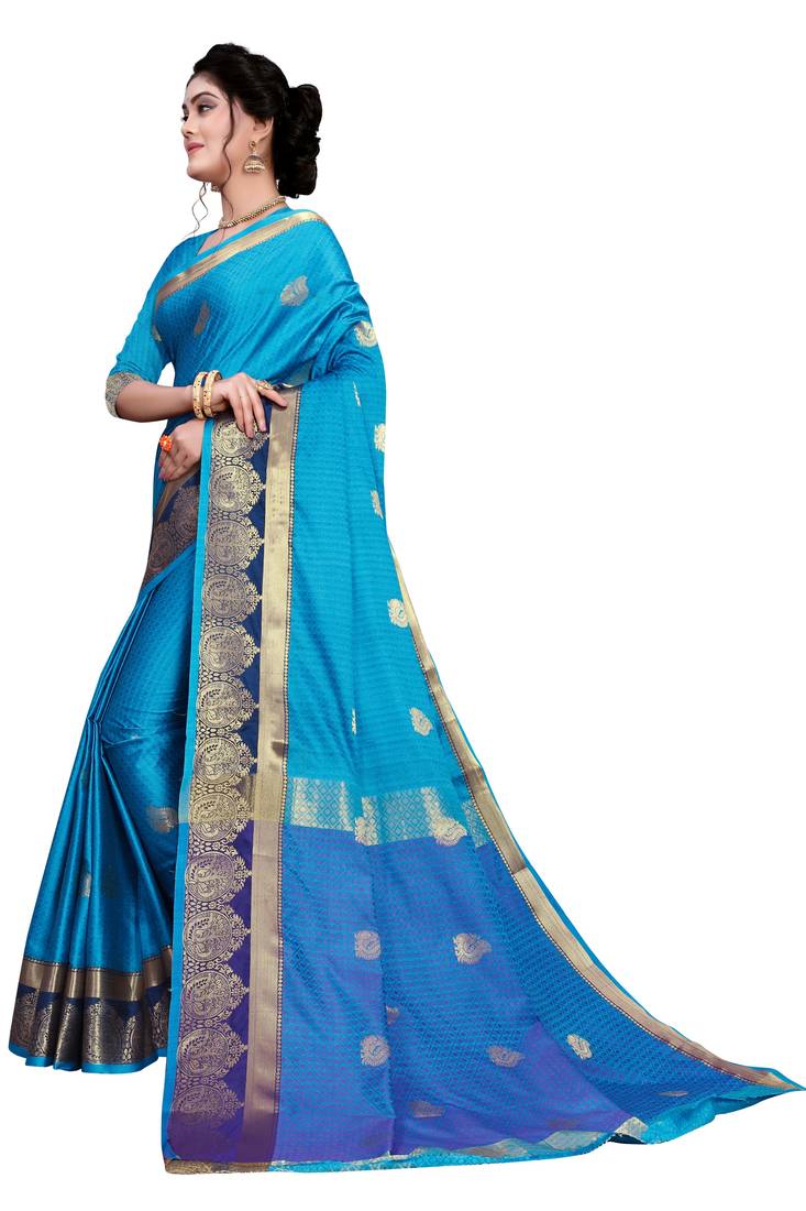  Womens Designer Firozi Banarasi  Saree With Designer Blouse