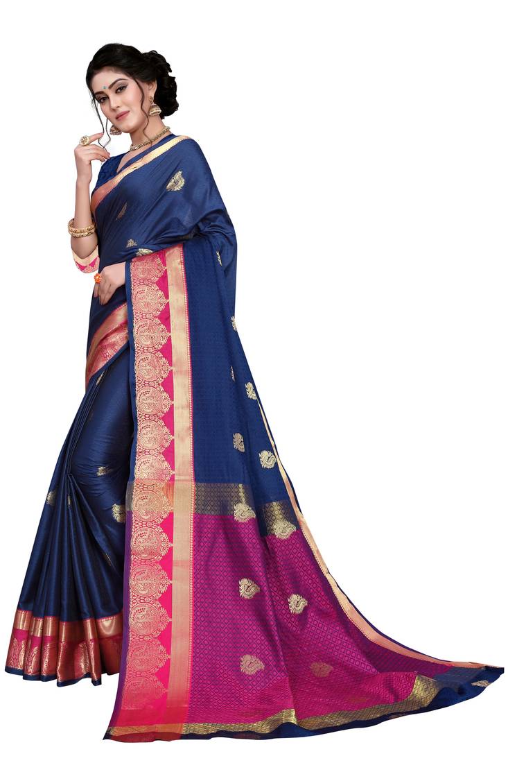  Womens Designer Nevy Blu Banarasi  Saree With Designer Blouse