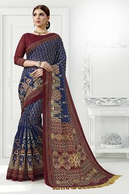 Navy Blue Printed Cotton Silk Saree With Blouse 1
