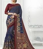 Navy Blue Printed Cotton Silk Saree With Blouse