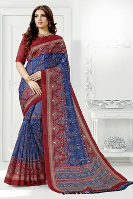 Rajnandini Blue Printed Cotton Silk Saree With Blouse 1
