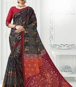 Black Printed Cotton Silk Saree With Blouse