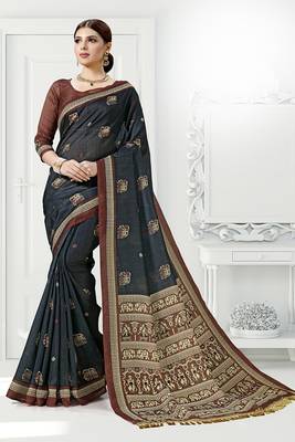 Black Printed Cotton Silk Saree With Blouse 1