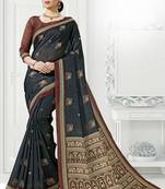 Black Printed Cotton Silk Saree With Blouse