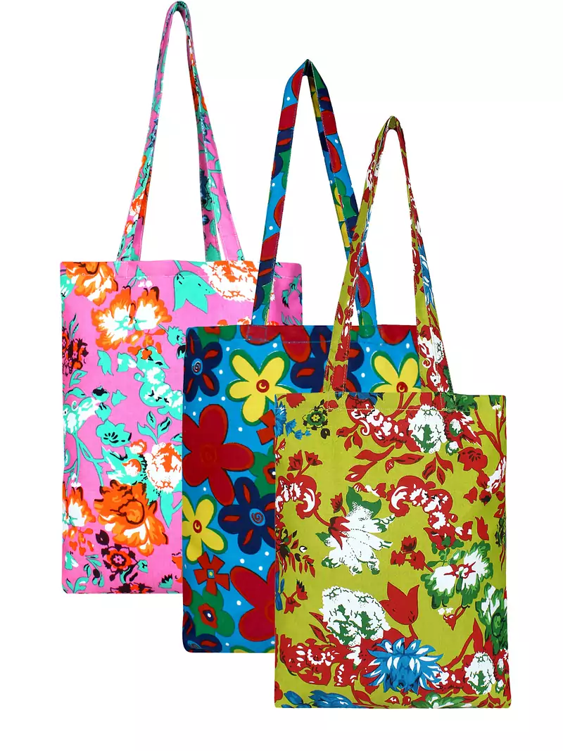 Eco-Friendly Multicolour Printed Canvas Shopping Bag Pack of Three