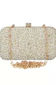 Pearl Embellished Faux Silk Clutch Off-White & Gold
