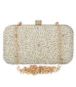 Pearl Embellished Faux Silk Clutch Off-White & Gold