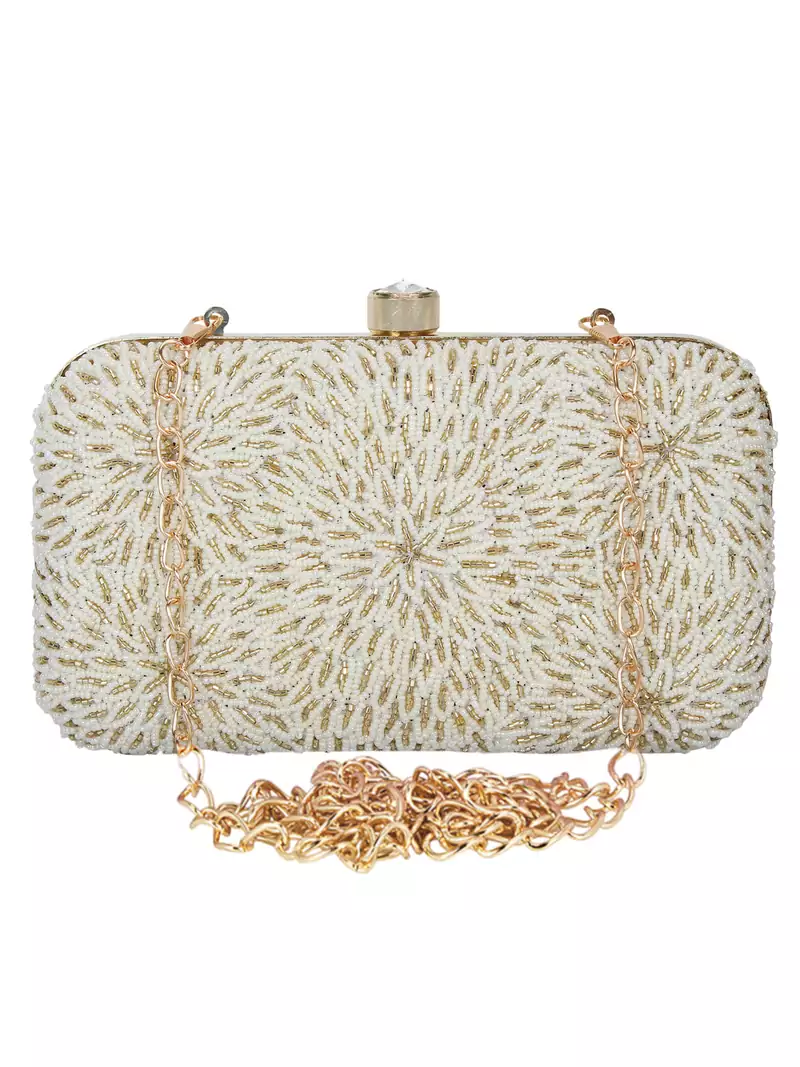 Pearl Embellished Faux Silk Clutch Off-White & Gold