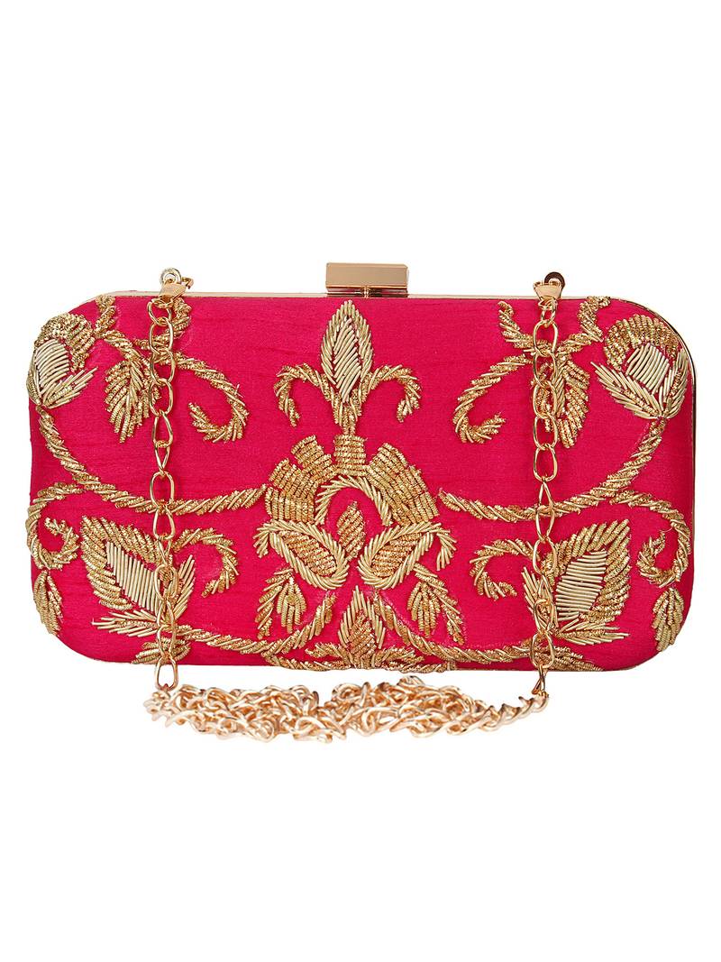 Adorn Embellished Faux Silk Clutch Pink & Gold