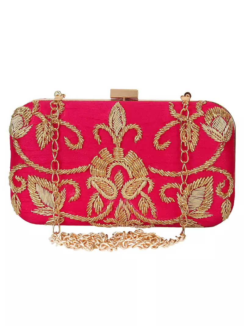 Adorn Embellished Faux Silk Clutch Pink & Gold