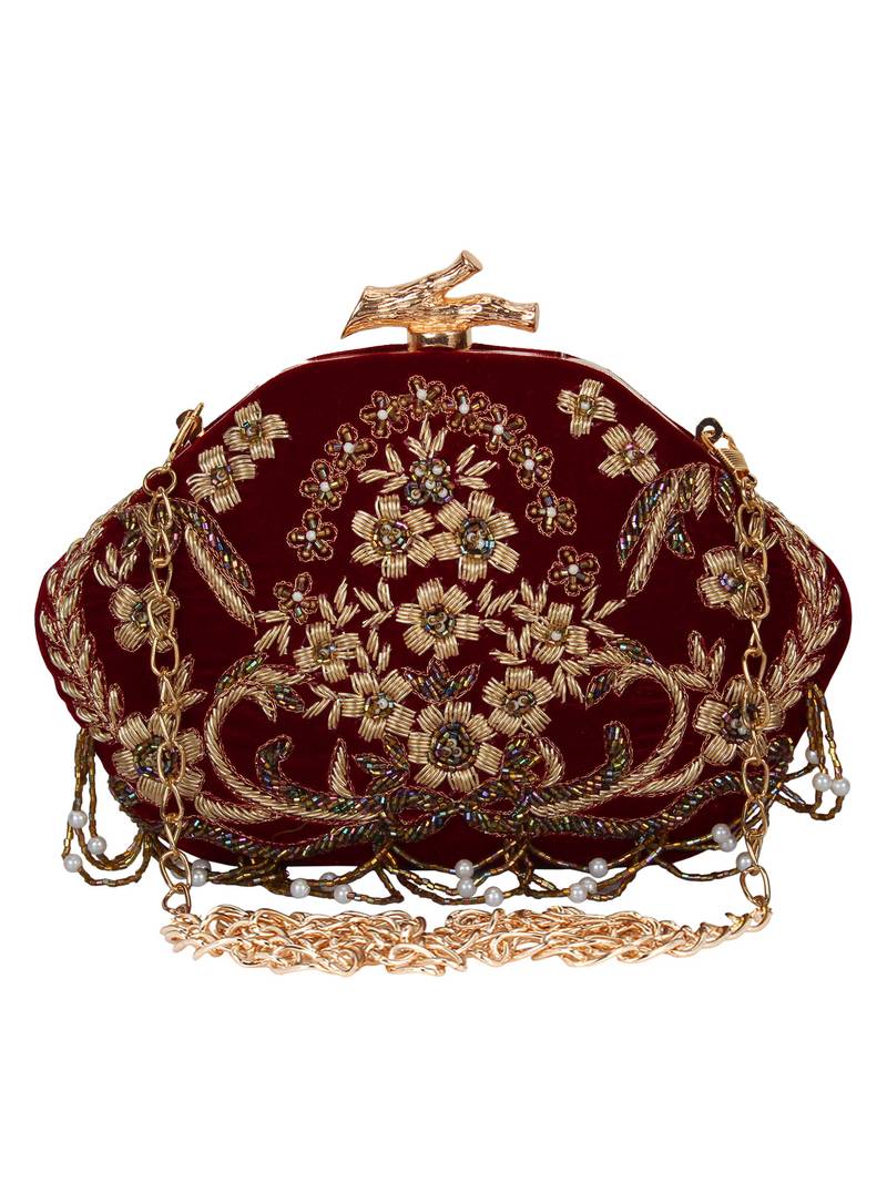Glitz Embellished Velvet Clutch Maroon & Gold