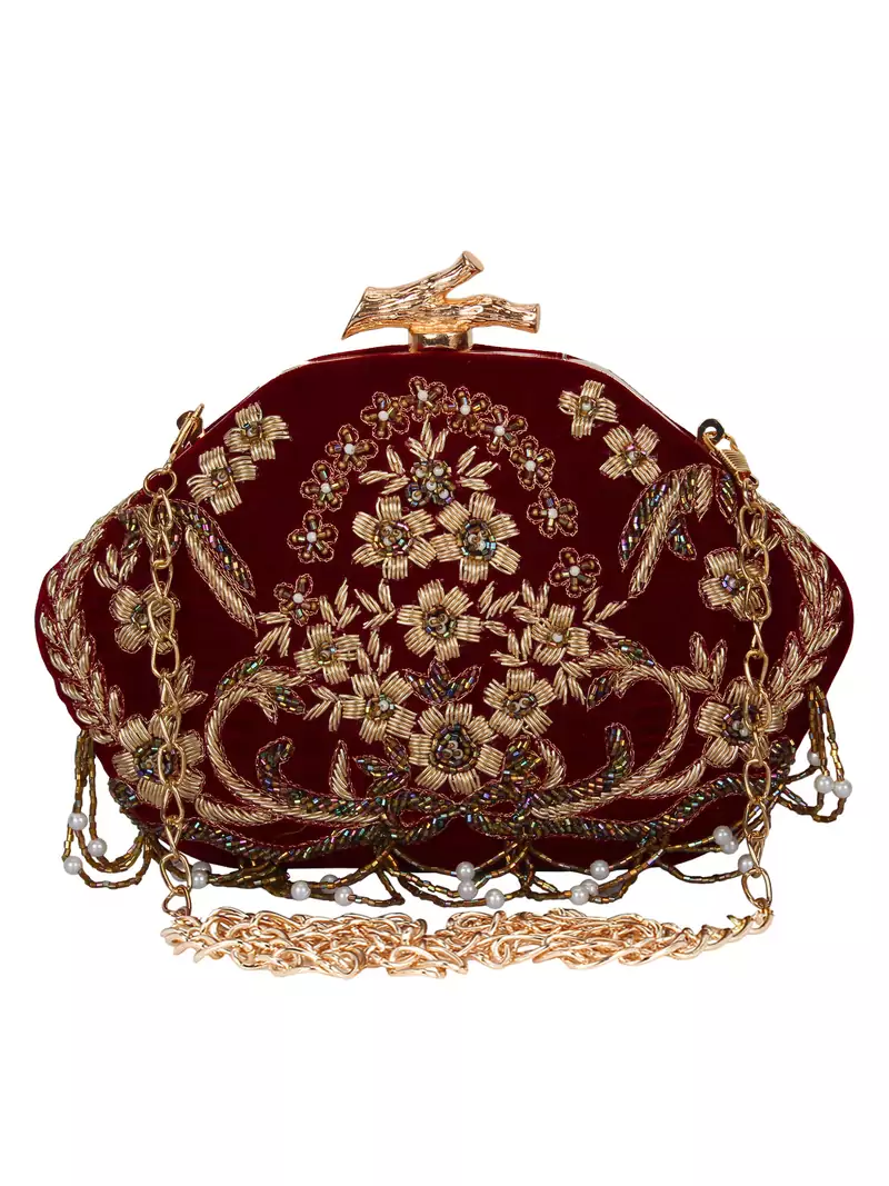 Glitz Embellished Velvet Clutch Maroon & Gold