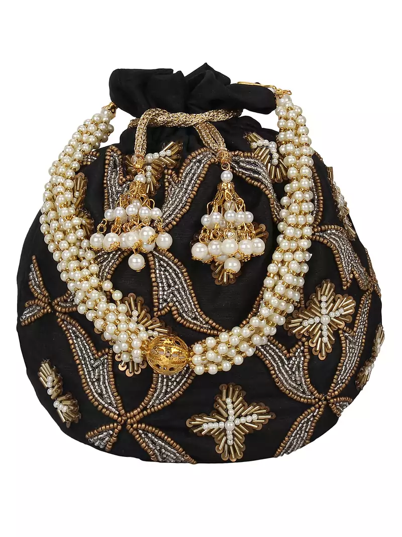 Dazzle Embellished Faux Silk Potli Black & Copper