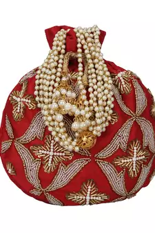 Dazzle Embellished Faux Silk Potli Red & Copper