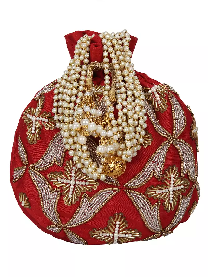 Dazzle Embellished Faux Silk Potli Red & Copper
