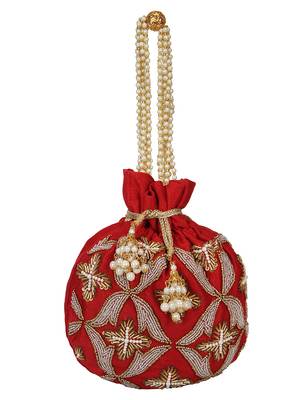 Dazzle Embellished Faux Silk Potli Red & Copper 4