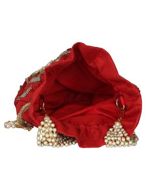 Dazzle Embellished Faux Silk Potli Red & Copper 5