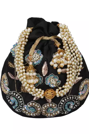 Dazzle Embellished Faux Silk Potli Black & Multi