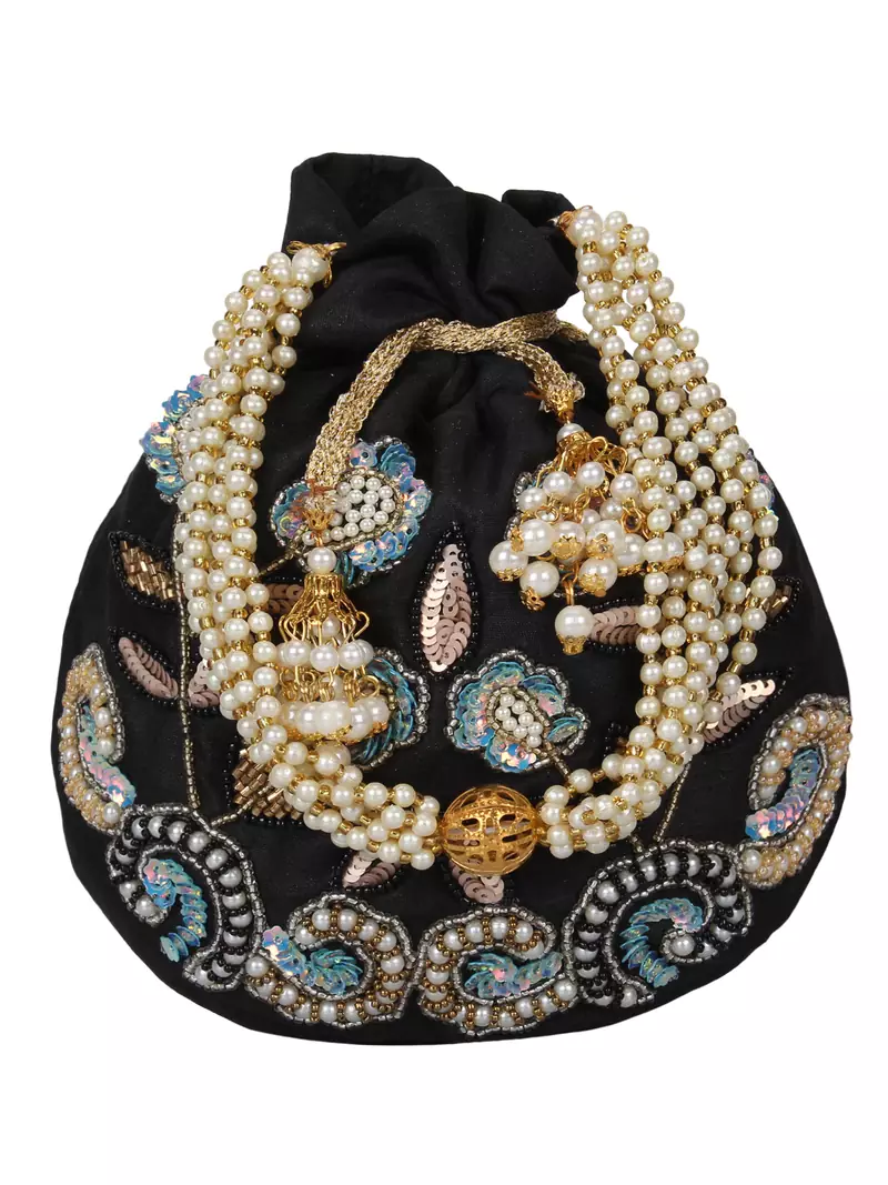 Dazzle Embellished Faux Silk Potli Black & Multi