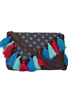 Snazzy Brown and Blue Printed Polyester Sling Bag with Multicolour Tassels