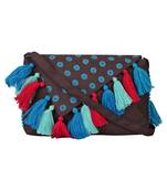 Snazzy Brown and Blue Printed Polyester Sling Bag with Multicolour Tassels
