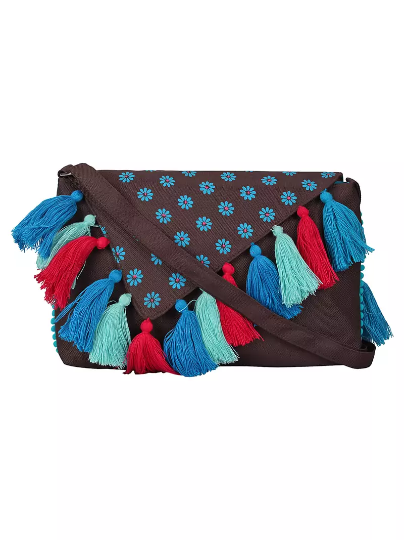 Snazzy Brown and Blue Printed Polyester Sling Bag with Multicolour Tassels