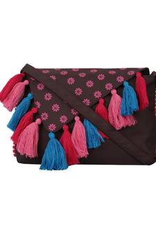 Snazzy Brown and Pink Printed Polyester Sling Bag with Multicolour Tassels
