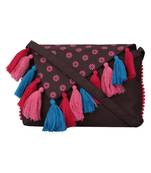 Snazzy Brown and Pink Printed Polyester Sling Bag with Multicolour Tassels