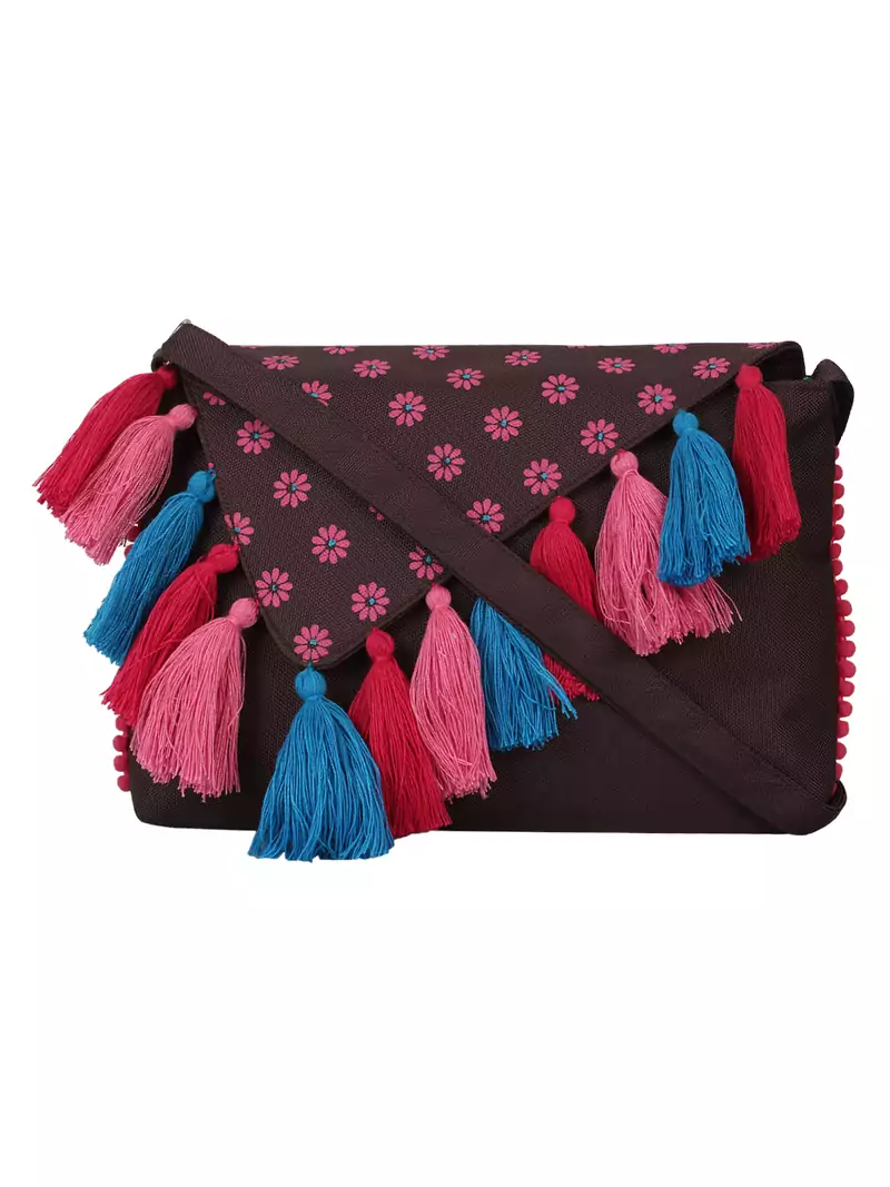 Snazzy Brown and Pink Printed Polyester Sling Bag with Multicolour Tassels