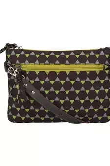 Geomet Brown and Green Printed Polyester Sling Bag with Multicolour Tassels