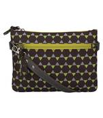Geomet Brown and Green Printed Polyester Sling Bag with Multicolour Tassels