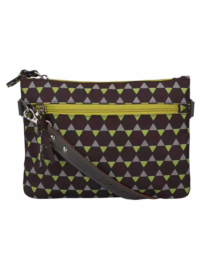 Geomet Brown and Green Printed Polyester Sling Bag with Multicolour Tassels