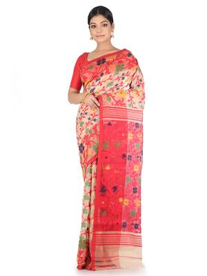 Beige Handwoven Cotton Jamdani Without Blouse 1