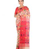 Beige Handwoven Cotton Jamdani Without Blouse