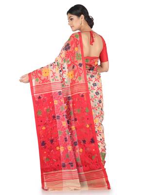 Beige Handwoven Cotton Jamdani Without Blouse 3