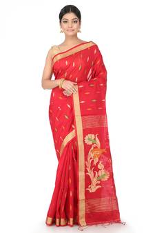 Red Handwoven Cotton Silk Jamdani With Blouse