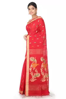 Red Handwoven Cotton Silk Jamdani With Blouse
