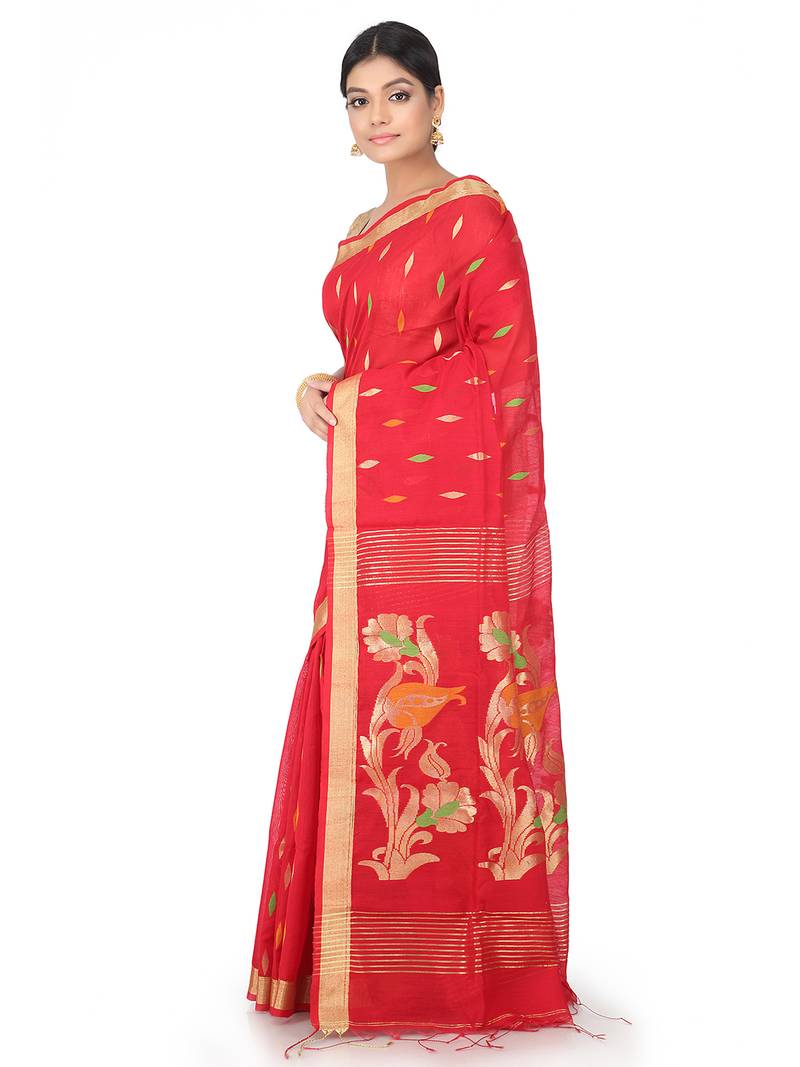 Red Handwoven Cotton Silk Jamdani With Blouse