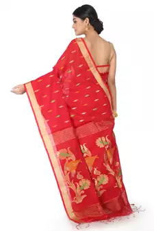 Red Handwoven Cotton Silk Jamdani With Blouse