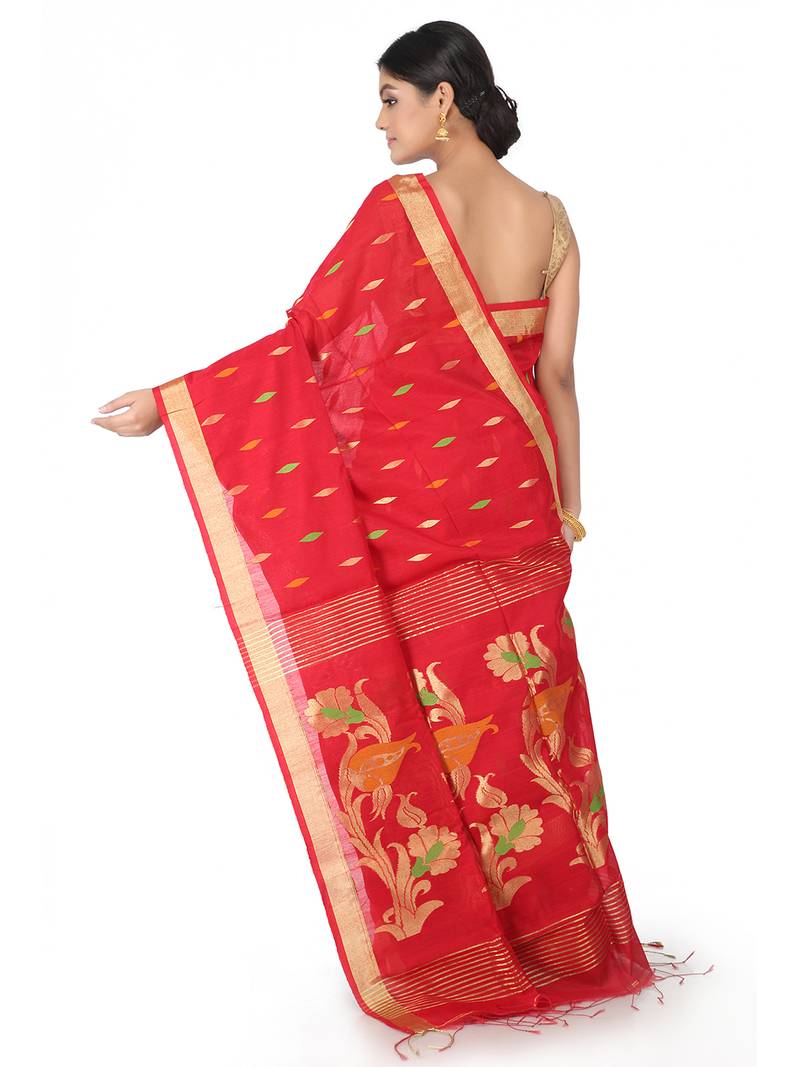 Red Handwoven Cotton Silk Jamdani With Blouse