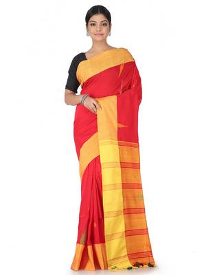 red handwoven cotton jamdani with blouse 1