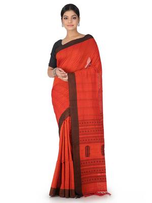 Orange Handwoven Cotton Jamdani With Blouse 1