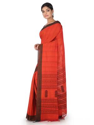 Orange Handwoven Cotton Jamdani With Blouse 2