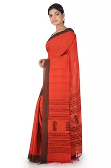 Orange Handwoven Cotton Jamdani With Blouse